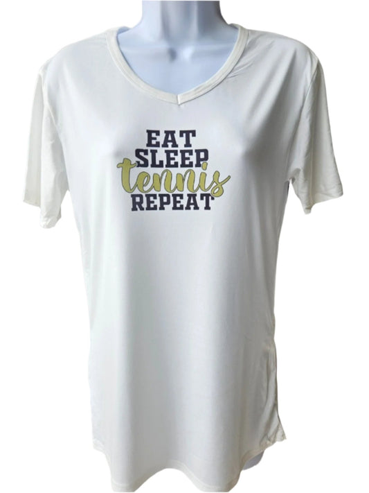 T-shirt V neck - Vintage- Off White  "Eat, Sleep, tennis, Repeat" - Women M