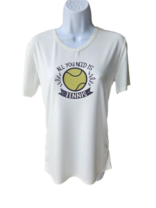 T-shirt V neck - Vintage- Off White  "All You Need is Tennis" -  Women M